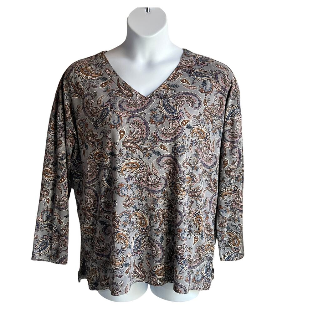 J. JILL SIMPLY SUPIMA V-NECK TUNIC TOP GRAY PAISLEY PRINT WOMENS LARGE - Picture 2 of 11